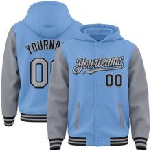 Загрузить изображение в средство просмотра галереи, Custom Light Blue Gray-Black Bomber Full-Snap Varsity Letterman Two Tone Hoodie Jacket
