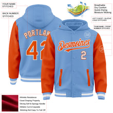 Загрузить изображение в средство просмотра галереи, Custom Light Blue Orange-White Bomber Full-Snap Varsity Letterman Two Tone Hoodie Jacket
