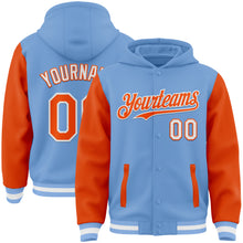 Загрузить изображение в средство просмотра галереи, Custom Light Blue Orange-White Bomber Full-Snap Varsity Letterman Two Tone Hoodie Jacket
