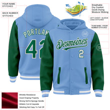 Загрузить изображение в средство просмотра галереи, Custom Light Blue Kelly Green-White Bomber Full-Snap Varsity Letterman Two Tone Hoodie Jacket
