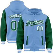 Загрузить изображение в средство просмотра галереи, Custom Light Blue Kelly Green-White Bomber Full-Snap Varsity Letterman Two Tone Hoodie Jacket
