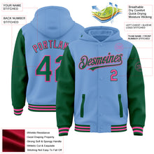 Загрузить изображение в средство просмотра галереи, Custom Light Blue Kelly Green-Pink Bomber Full-Snap Varsity Letterman Two Tone Hoodie Jacket
