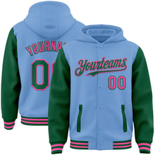 Загрузить изображение в средство просмотра галереи, Custom Light Blue Kelly Green-Pink Bomber Full-Snap Varsity Letterman Two Tone Hoodie Jacket
