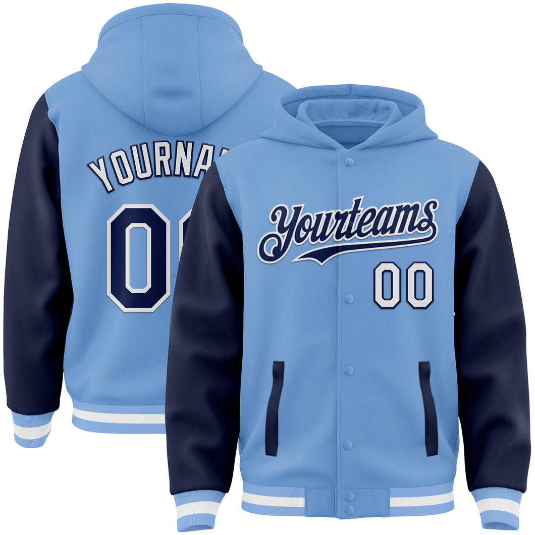 Custom Light Blue Navy-White Bomber Full-Snap Varsity Letterman Two Tone Hoodie Jacket