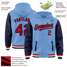 Загрузить изображение в средство просмотра галереи, Custom Light Blue Red-Navy Bomber Full-Snap Varsity Letterman Two Tone Hoodie Jacket
