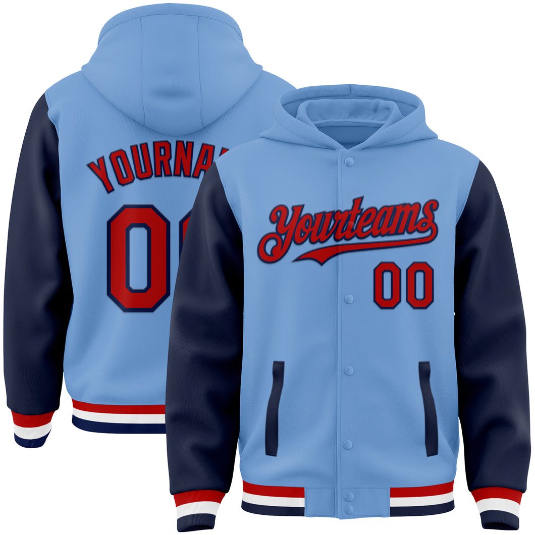 Custom Light Blue Red-Navy Bomber Full-Snap Varsity Letterman Two Tone Hoodie Jacket