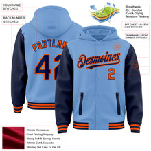 Загрузить изображение в средство просмотра галереи, Custom Light Blue Navy-Orange Bomber Full-Snap Varsity Letterman Two Tone Hoodie Jacket
