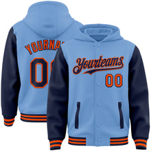 Загрузить изображение в средство просмотра галереи, Custom Light Blue Navy-Orange Bomber Full-Snap Varsity Letterman Two Tone Hoodie Jacket
