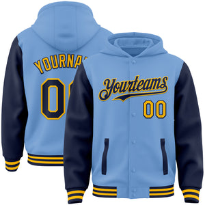 Custom Light Blue Navy-Gold Bomber Full-Snap Varsity Letterman Two Tone Hoodie Jacket