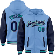 Загрузить изображение в средство просмотра галереи, Custom Light Blue Navy Gray-Teal Bomber Full-Snap Varsity Letterman Two Tone Hoodie Jacket
