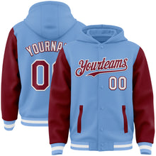 Загрузить изображение в средство просмотра галереи, Custom Light Blue Crimson-White Bomber Full-Snap Varsity Letterman Two Tone Hoodie Jacket
