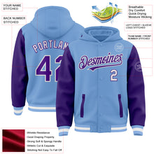 Загрузить изображение в средство просмотра галереи, Custom Light Blue Purple-White Bomber Full-Snap Varsity Letterman Two Tone Hoodie Jacket
