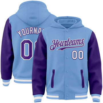 Custom Light Blue Purple-White Bomber Full-Snap Varsity Letterman Two Tone Hoodie Jacket