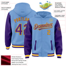 Загрузить изображение в средство просмотра галереи, Custom Light Blue Purple-Gold Bomber Full-Snap Varsity Letterman Two Tone Hoodie Jacket
