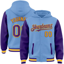 Загрузить изображение в средство просмотра галереи, Custom Light Blue Purple-Gold Bomber Full-Snap Varsity Letterman Two Tone Hoodie Jacket
