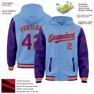 Custom Light Blue Purple-Orange Bomber Full-Snap Varsity Letterman Two Tone Hoodie Jacket