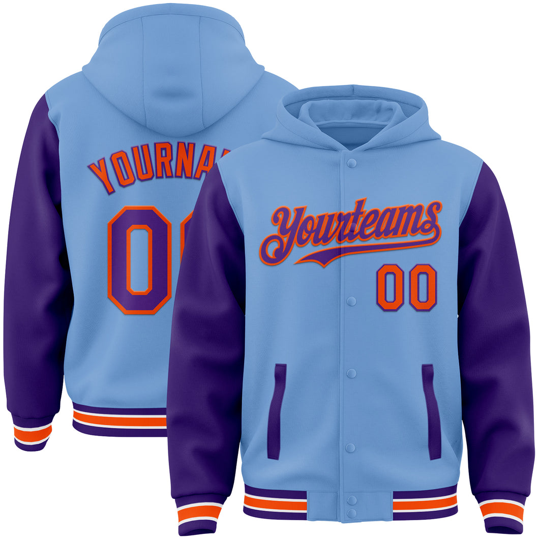 Custom Light Blue Purple-Orange Bomber Full-Snap Varsity Letterman Two Tone Hoodie Jacket