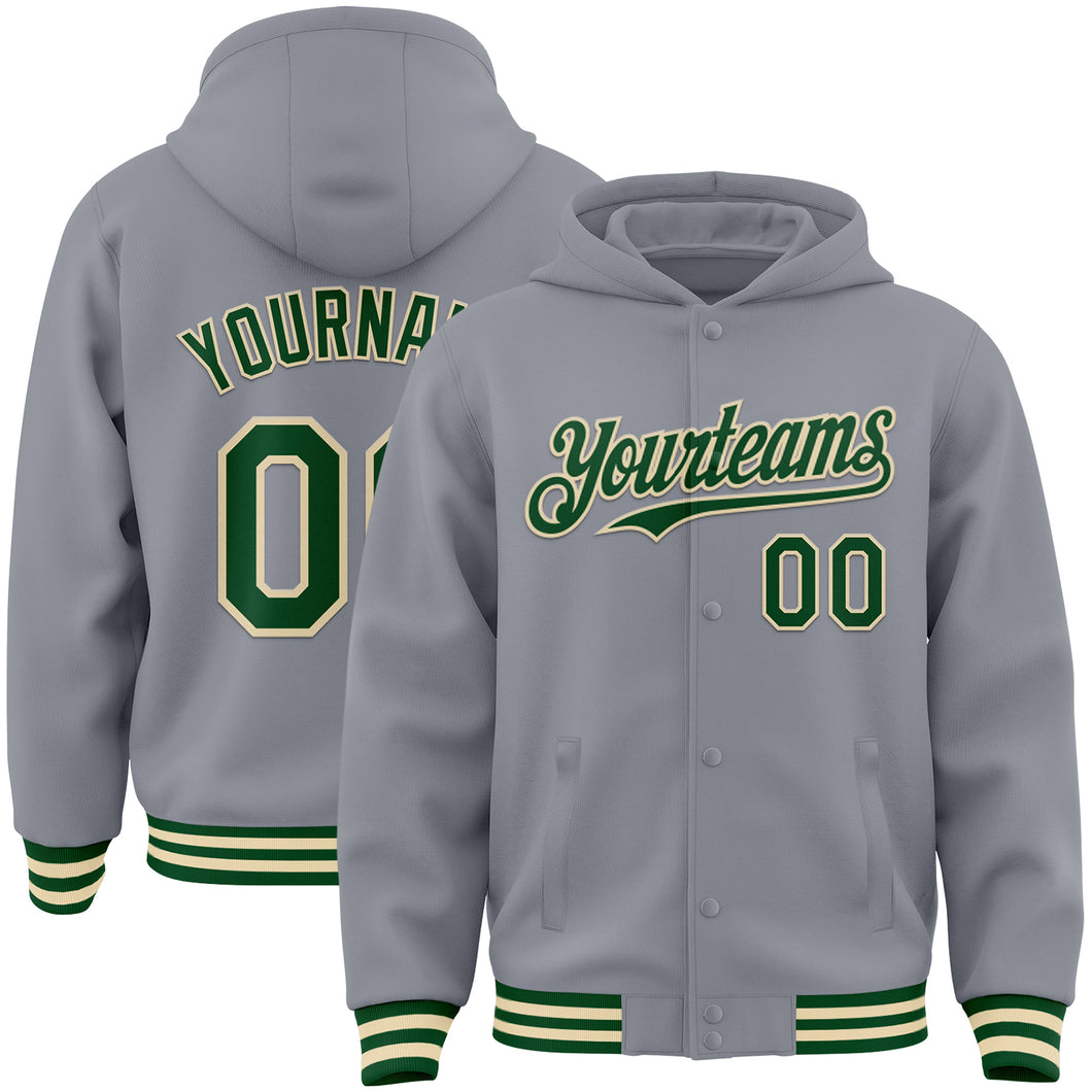 Custom Gray Green-Cream Bomber Full-Snap Varsity Letterman Hoodie Jacket