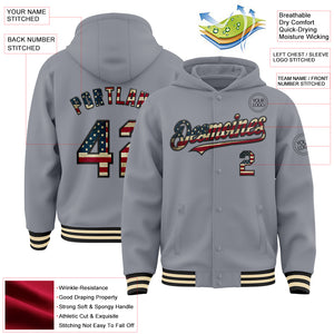 Custom Gray Vintage USA Flag Black-Cream Bomber Full-Snap Varsity Letterman Hoodie Jacket