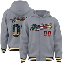 Загрузить изображение в средство просмотра галереи, Custom Gray Vintage USA Flag Black-Cream Bomber Full-Snap Varsity Letterman Hoodie Jacket
