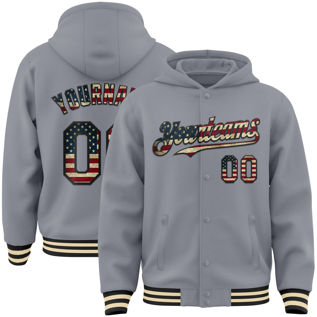 Custom Gray Vintage USA Flag Black-Cream Bomber Full-Snap Varsity Letterman Hoodie Jacket