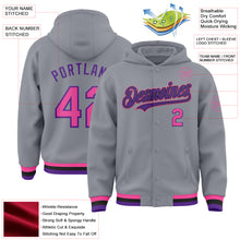 Загрузить изображение в средство просмотра галереи, Custom Gray Pink Purple-Black Bomber Full-Snap Varsity Letterman Hoodie Jacket
