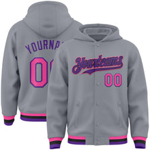 Загрузить изображение в средство просмотра галереи, Custom Gray Pink Purple-Black Bomber Full-Snap Varsity Letterman Hoodie Jacket
