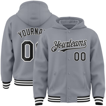 Custom Gray Black-White Bomber Full-Snap Varsity Letterman Hoodie Jacket