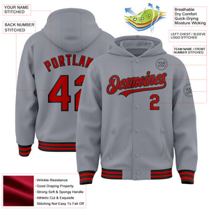 Custom Gray Red-Black Bomber Full-Snap Varsity Letterman Hoodie Jacket