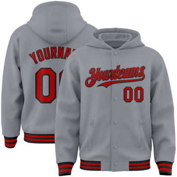 Custom Gray Red-Black Bomber Full-Snap Varsity Letterman Hoodie Jacket