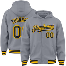 Загрузить изображение в средство просмотра галереи, Custom Gray Black-Gold Bomber Full-Snap Varsity Letterman Hoodie Jacket
