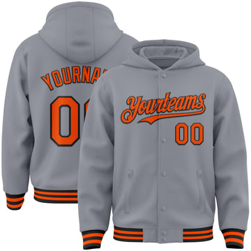 Custom Gray Orange-Black Bomber Full-Snap Varsity Letterman Hoodie Jacket