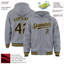 Загрузить изображение в средство просмотра галереи, Custom Gray Black-Old Gold Bomber Full-Snap Varsity Letterman Hoodie Jacket
