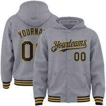 Загрузить изображение в средство просмотра галереи, Custom Gray Black-Old Gold Bomber Full-Snap Varsity Letterman Hoodie Jacket
