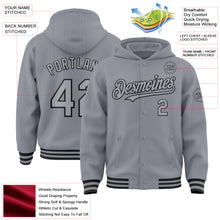 Загрузить изображение в средство просмотра галереи, Custom Gray Black Bomber Full-Snap Varsity Letterman Hoodie Jacket
