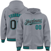 Загрузить изображение в средство просмотра галереи, Custom Gray Black-Teal Bomber Full-Snap Varsity Letterman Hoodie Jacket
