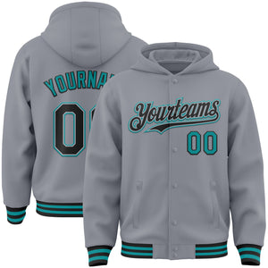 Custom Gray Black-Teal Bomber Full-Snap Varsity Letterman Hoodie Jacket