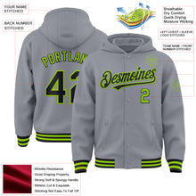 Загрузить изображение в средство просмотра галереи, Custom Gray Black-Neon Green Bomber Full-Snap Varsity Letterman Hoodie Jacket
