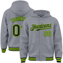 Загрузить изображение в средство просмотра галереи, Custom Gray Black-Neon Green Bomber Full-Snap Varsity Letterman Hoodie Jacket
