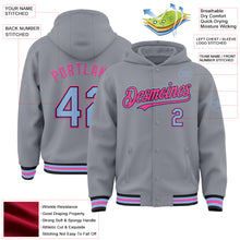 Загрузить изображение в средство просмотра галереи, Custom Gray Light Blue Black-Pink Bomber Full-Snap Varsity Letterman Hoodie Jacket
