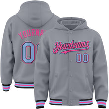 Загрузить изображение в средство просмотра галереи, Custom Gray Light Blue Black-Pink Bomber Full-Snap Varsity Letterman Hoodie Jacket
