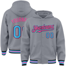 Загрузить изображение в средство просмотра галереи, Custom Gray Sky Blue Black-Pink Bomber Full-Snap Varsity Letterman Hoodie Jacket
