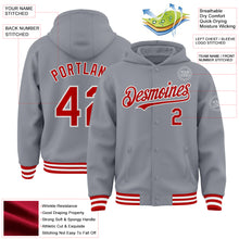 Загрузить изображение в средство просмотра галереи, Custom Gray Red-White Bomber Full-Snap Varsity Letterman Hoodie Jacket
