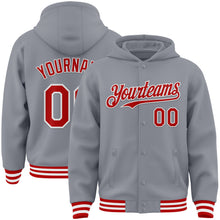 Загрузить изображение в средство просмотра галереи, Custom Gray Red-White Bomber Full-Snap Varsity Letterman Hoodie Jacket
