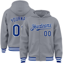 Загрузить изображение в средство просмотра галереи, Custom Gray Royal-White Bomber Full-Snap Varsity Letterman Hoodie Jacket
