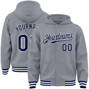 Custom Gray Navy-White Bomber Full-Snap Varsity Letterman Hoodie Jacket