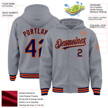 Загрузить изображение в средство просмотра галереи, Custom Gray Navy-Orange Bomber Full-Snap Varsity Letterman Hoodie Jacket
