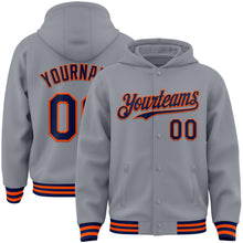 Загрузить изображение в средство просмотра галереи, Custom Gray Navy-Orange Bomber Full-Snap Varsity Letterman Hoodie Jacket
