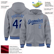 Загрузить изображение в средство просмотра галереи, Custom Gray Navy-Light Blue Bomber Full-Snap Varsity Letterman Hoodie Jacket
