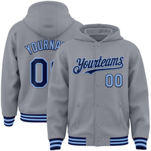 Загрузить изображение в средство просмотра галереи, Custom Gray Navy-Light Blue Bomber Full-Snap Varsity Letterman Hoodie Jacket
